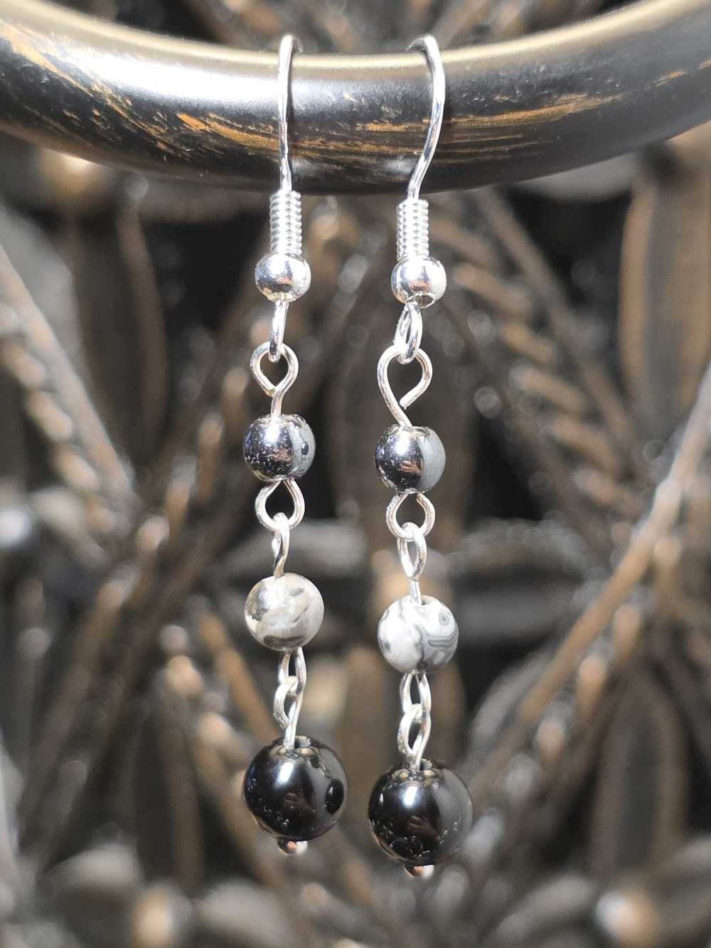 Onyx, Map Jasper, Hematite Beads Sterling Silver Drop Earrings